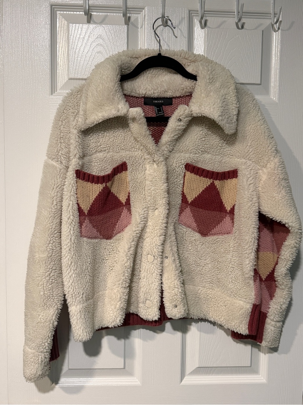 Forever 21 Cream Sherpa Jacket with Pink Geometric Pockets